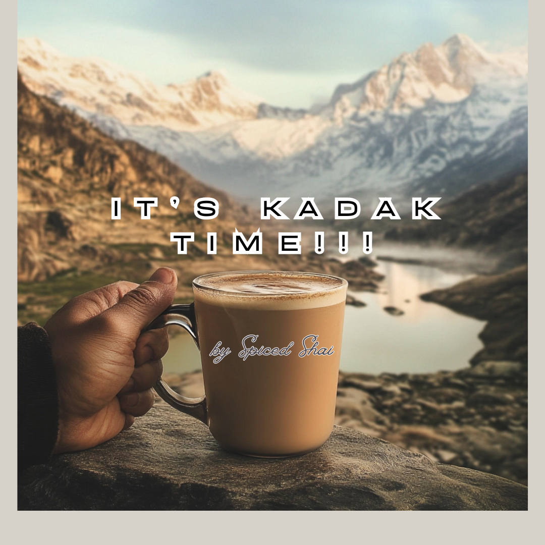 This is a recipe for Karak Chai (Tea). The photo is of someone holding a cup of hot tea, overlooking a scenic mountain